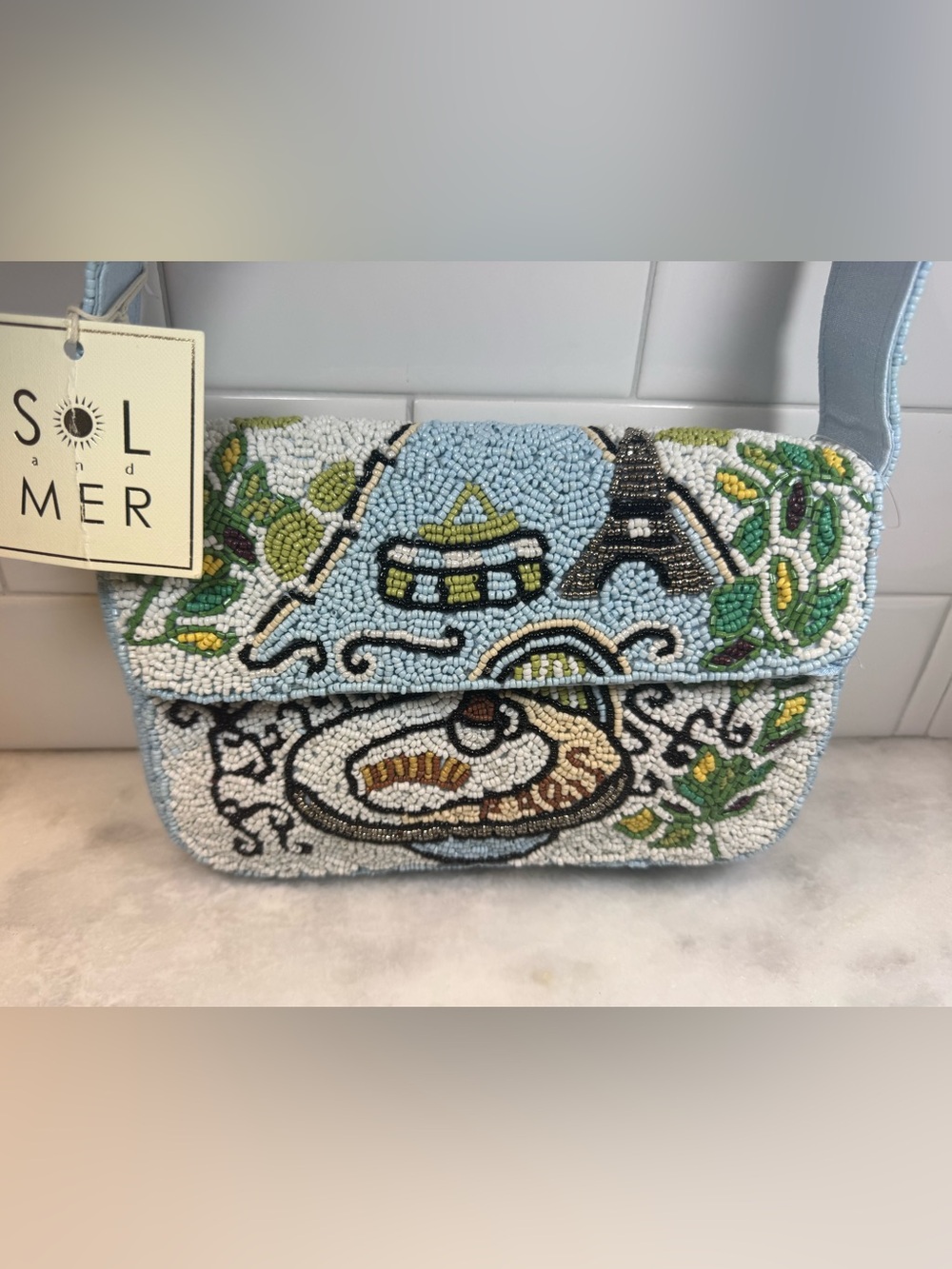 Sol and Mer Women’s Blue Multicolor Beaded Paris Shoulder Bag NWT